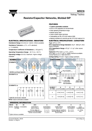 MRCN820XXXGXXXME3 datasheet - Resistor/Capacitor Networks, Molded SIP