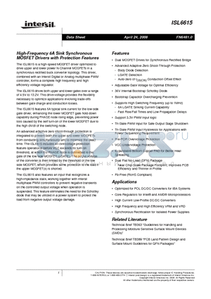 ISL6615 datasheet - High-Frequency 6A Sink Synchronous MOSFET Drivers with Protection Features