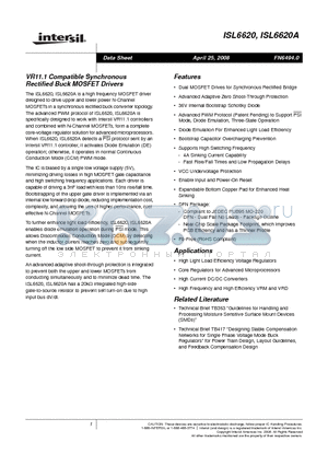 ISL6620 datasheet - VR11.1 Compatible Synchronous Rectified Buck MOSFET Drivers