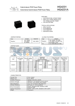 HG4231A/012-Z2SL datasheet - Subminiature PCB Power Relay Automotive Subminiature PCB Power Relay