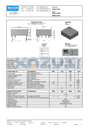 MRE24-4A66 datasheet - MRE Reed Relay