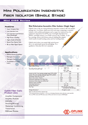OISS1310AL0385 datasheet - Mini Polarization Insensitive Fiber Isolator