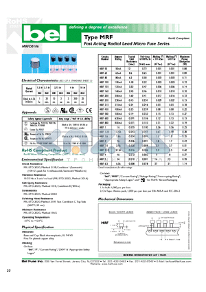 MRF1 datasheet - Fast Acting Radial Lead Micro Fuse Series