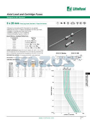 M219.400XE datasheet - 5 x 20 mm Time Lag Fuse (SIo-Blo) Fuse 219 Series