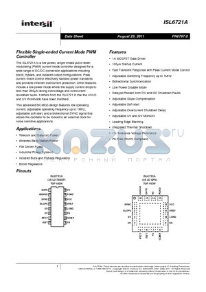 ISL6721A datasheet - Flexible Single-ended Current Mode PWM Controller