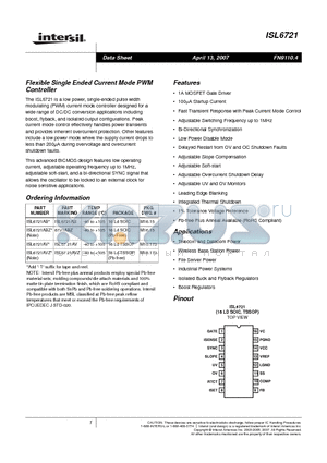 ISL6721AVZ datasheet - Flexible Single Ended Current Mode PWM Controller