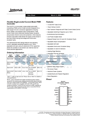ISL6721AVZ datasheet - Flexible Single-ended Current Mode PWM Controller
