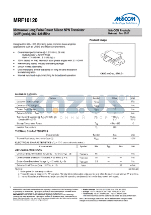 MRF10120 datasheet - Microwave Long Pulse Power Silicon NPN Transistor 120W (peak), 960-1215MHz