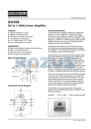 KH104 datasheet - DC to 1.1GHz Linear Amplifier