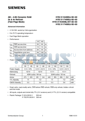 HYB5116400BJ-50 datasheet - 4M x 4-Bit Dynamic RAM 2k & 4k Refresh