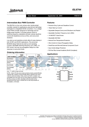 ISL6744AU datasheet - Intermediate Bus PWM Controller