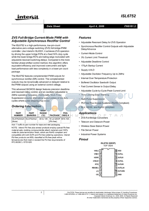 ISL6752AAZA datasheet - ZVS Full-Bridge Current-Mode PWM with Adjustable Synchronous Rectifier Control