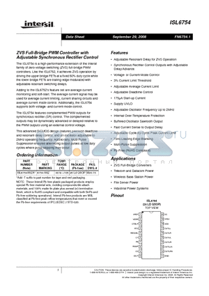 ISL6754 datasheet - ZVS Full-Bridge PWM Controller with Adjustable Synchronous Rectifier Control