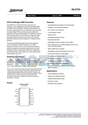 ISL6753_06 datasheet - ZVS Full-Bridge PWM Controller