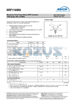 MRF1150MA datasheet - Microwave Pulse Power Silicon NPN Transistor 150W (peak), 960-1215MHz