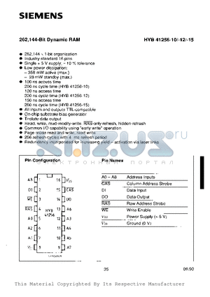 HYB41256-10 datasheet - 262,144 BIT DYNAMIC RAM