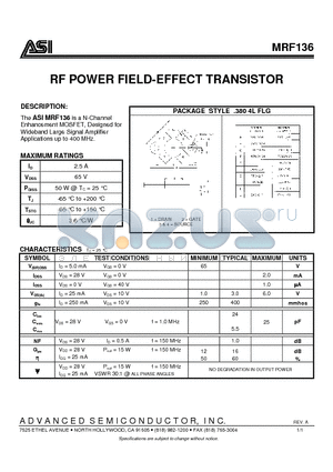 MRF136 datasheet - RF POWER FIELD-EFFECT TRANSISTOR