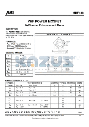 MRF138 datasheet - N-Channel Enhancement Mode VHF POWER MOSFET