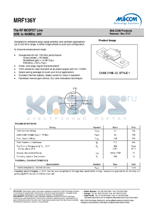 MRF136Y datasheet - The RF MOSFET Line 30W, to 400MHz, 28V