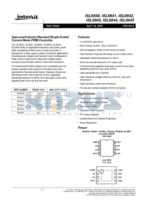 ISL6841IRZ-T datasheet - Improved Industry Standard Single-Ended Current Mode PWM Controller