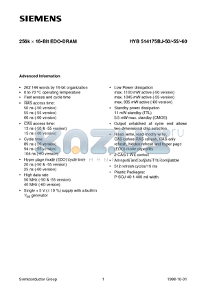 HYB514175BJ-50- datasheet - 256k x 16-Bit EDO-DRAM