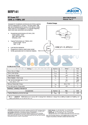 MRF141 datasheet - RF Power FET 150W, to 175MHz, 28V