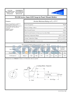 PL520-1G13 datasheet - 5mm LED Snap-in Panel Mount Holder