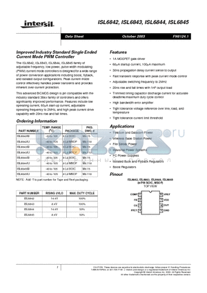 ISL6842IU datasheet - Improved Industry Standard Single Ended Current Mode PWM Controller