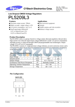 PL5209-5.0L3 datasheet - Low Dropout CMOS Voltage Regulators