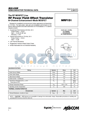 MRF151 datasheet - N-CHANNEL BROADBAND RF POWER MOSFET