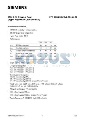 HYB514405BJL-70 datasheet - 1M x 4-Bit Dynamic RAM