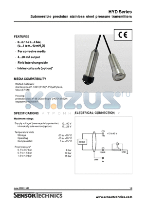 HYD0X2G4CXSE datasheet - Submersible precision stainless steel pressure transmitters