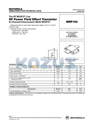 MRF154 datasheet - N-CHANNEL BROADBAND RF POWER MOSFET