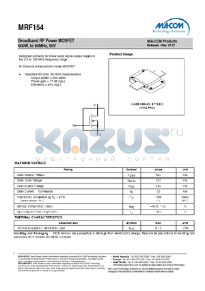 MRF154 datasheet - Broadband RF Power MOSFET Broadband RF Power MOSFET