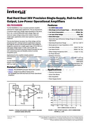 ISL70218SEH datasheet - Rad Hard Dual 36V Precision Single-Supply, Rail-to-Rail Output, Low-Power Operational Amplifiers