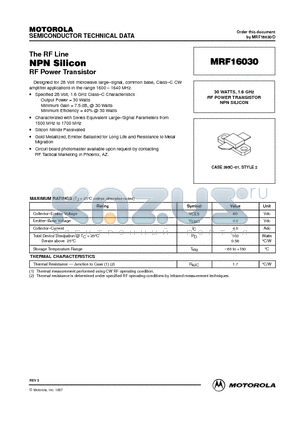 MRF16030 datasheet - RF POWER TRANSISTOR NPN SILICON