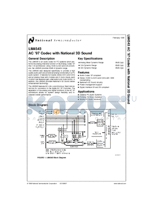 LM4543 datasheet - AC 97 Codec with National 3D Sound