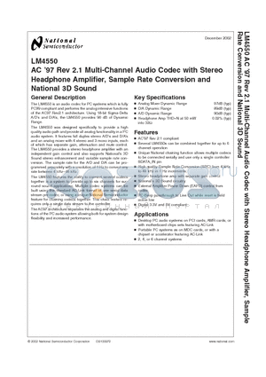 LM4550VH datasheet - AC 97 Rev 2.1 Multi-Channel Audio Codec with Stereo Headphone Amplifier, Sample Rate Conversion and National 3D Sound