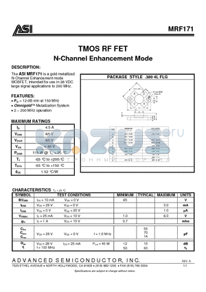 MRF171 datasheet - N-Channel Enhancement Mode TMOS RF FET