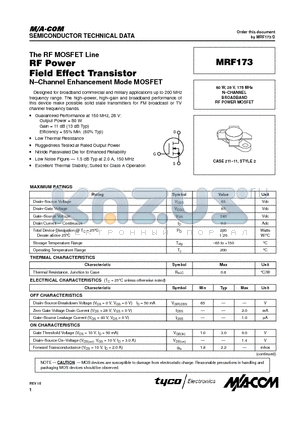 MRF173 datasheet - N-CHANNEL BROADBAND RF POWER MOSFET