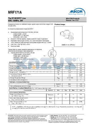 MRF171A datasheet - The RF MOSFET Line 45W, 150MHz, 28V