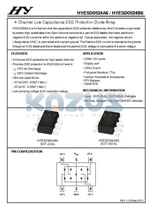 HYESD0524A6 datasheet - 4 Channel Low Capacitance ESD Protection Diode Array