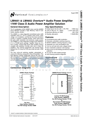 LM4651 datasheet - LM4651 & LM4652 Overture Audio Power Amplifier 170W Class D Audio Power Amplifier Solution