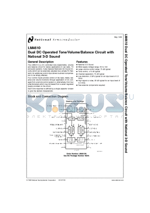 LM4610N datasheet - Dual DC Operated Tone/Volume/Balance Circuit with National 3-D Sound