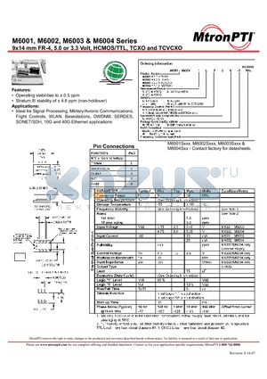 M6004 datasheet - 9x14 mm FR-4, 5.0 or 3.3 Volt, HCMOS/TTL, TCXO and TCVCXO