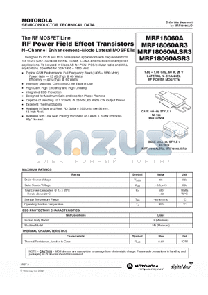 MRF18060ASR3 datasheet - RF POWER FIELD EFFECT TRANSISTORS