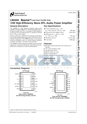 LM4668MH datasheet - 10W High-Efficiency Mono BTL Audio Power Amplifier