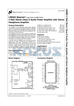 LM4663MT datasheet - 2 Watt Stereo Class D Audio Power Amplifier with Stereo Headphone Amplifier