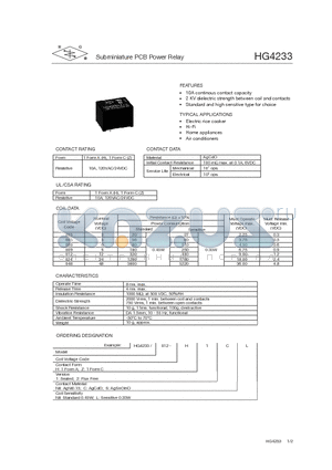 HG4233/009-Z2CL datasheet - Subminiature PCB Power Relay