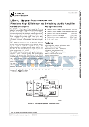 LM4670ITLX datasheet - Filterless High Efficiency 3W Switching Audio Amplifier
